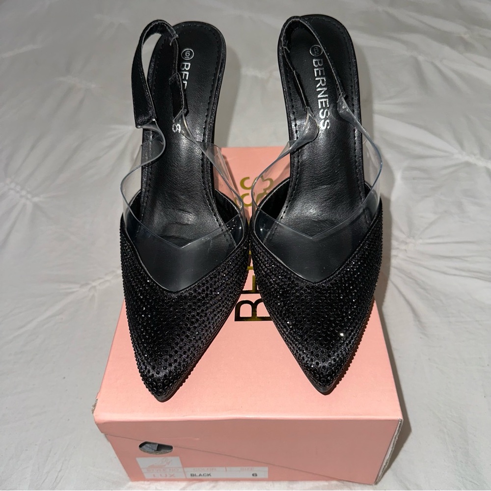 NEW Fashion Nova Black Heels with Embellished Pointed Toe and Slingback Strap